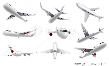 Airplanes on white background. Airliner in top, side, front view and isometric. Vector realistic aircraft. Passenger plane, sky flying aeroplane and airplane in different views Airplanes on white background. Airliner in top, side, front view and isometric. Vector realistic aircraft. Passenger plane, sky flying aeroplane and airplane in different views 106782187