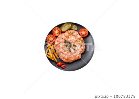 Delicious fresh grilled turkey meat steak with spices and herbs Delicious fresh grilled turkey meat steak with spices and herbs 106783378