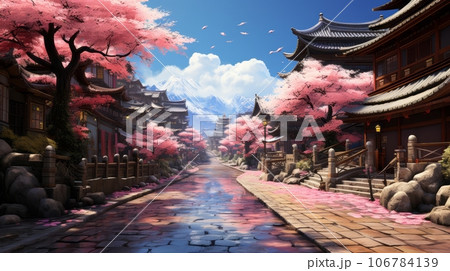 Idyllic Old Japan Street in Spring, Cherry Blossoms 106784139