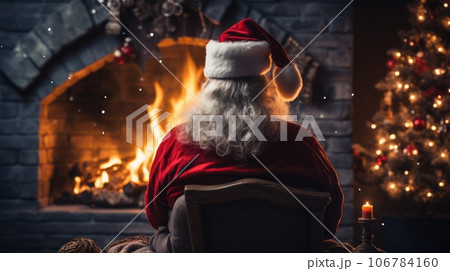 Santa Claus sitting in a cozy chair beside a crackling fireplace Santa Claus sitting in a cozy chair beside a crackling fireplace 106784160