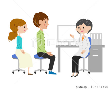 診察室で女性医師に説明を受ける若い夫婦 診察室で女性医師に説明を受ける若い夫婦 106784350