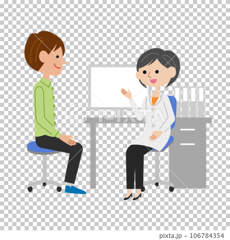 Young man receiving explanation from female doctor in examination room 106784354