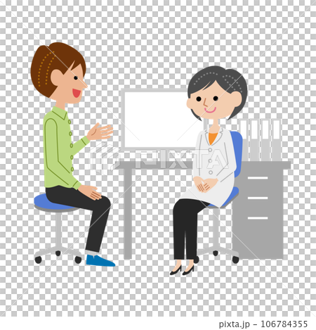 Young man explaining to a female doctor in the examination room 106784355