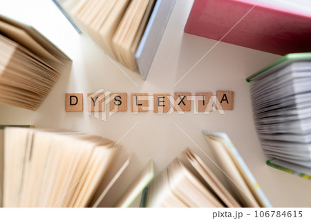 Dyslexia disorder concept - name of disorder with books Dyslexia disorder concept - name of disorder with books 106784615