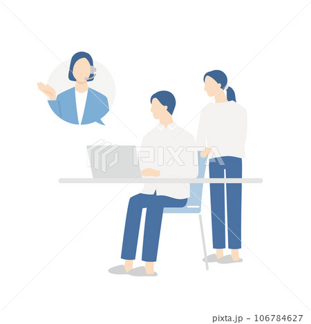 リモート相談をする若い夫婦と女性オペレーター リモート相談をする若い夫婦と女性オペレーター 106784627