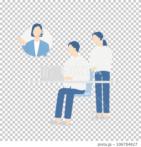 リモート相談をする若い夫婦と女性オペレーター リモート相談をする若い夫婦と女性オペレーター 106784627