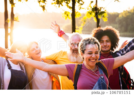 Summer Joy by the Lakeside: Multiracial Friends Unite Summer Joy by the Lakeside: Multiracial Friends Unite 106785151