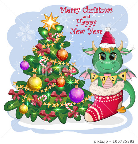 A cute cartoon green dragon in a Santa hat holds a red gift and sits next to the Christmas tree. 2024 new year 106785592