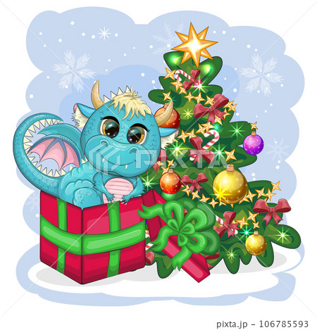 A cute cartoon green dragon in a Santa hat holds a red gift and sits next to the Christmas tree. 2024 new year 106785593