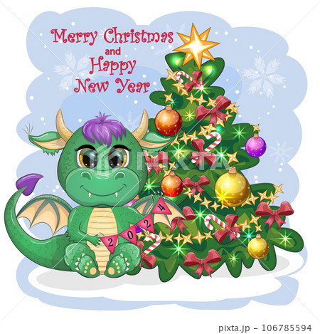 A cute cartoon green dragon in a Santa hat holds a red gift and sits next to the Christmas tree. 2024 new year 106785594