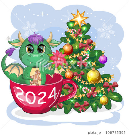 A cute cartoon green dragon in a Santa hat holds a red gift and sits next to the Christmas tree. 2024 new year 106785595