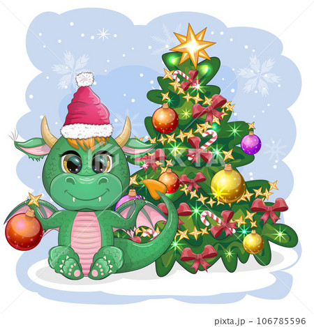 A cute cartoon green dragon in a Santa hat holds a red gift and sits next to the Christmas tree. 2024 new year 106785596