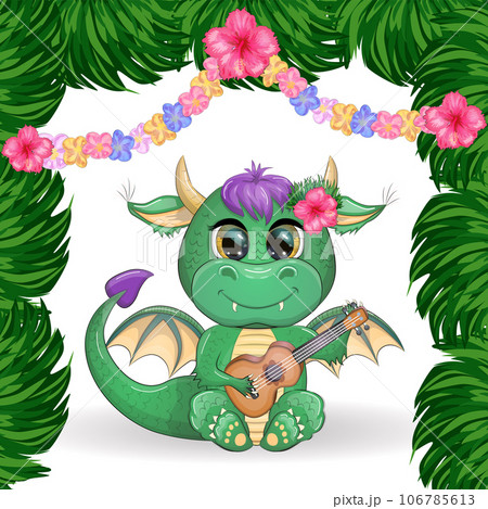 Cute cartoon green baby dragon with ukulele on the beach. Symbol of 2024 according to the Chinese calendar Cute cartoon green baby dragon with ukulele on the beach. Symbol of 2024 according to the Chinese calendar 106785613