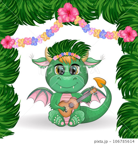 Cute cartoon green baby dragon with ukulele on the beach. Symbol of 2024 according to the Chinese calendar Cute cartoon green baby dragon with ukulele on the beach. Symbol of 2024 according to the Chinese calendar 106785614