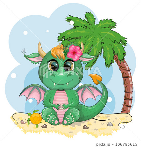 Cute cartoon green baby dragon with ukulele on the beach. Symbol of 2024 according to the Chinese calendar Cute cartoon green baby dragon with ukulele on the beach. Symbol of 2024 according to the Chinese calendar 106785615