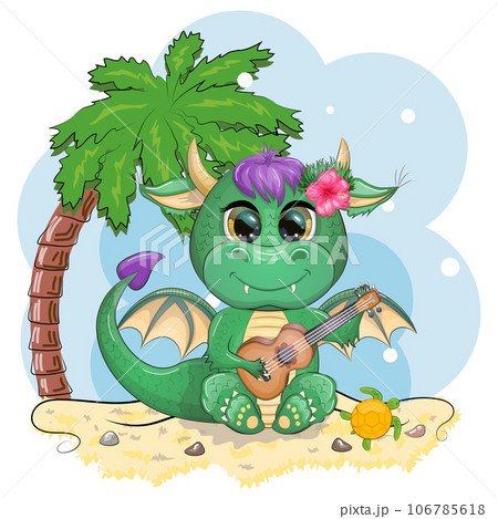 Cute cartoon green baby dragon with ukulele on the beach. Symbol of 2024 according to the Chinese calendar Cute cartoon green baby dragon with ukulele on the beach. Symbol of 2024 according to the Chinese calendar 106785618