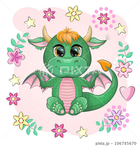 Cute cartoon green baby dragon with horns and wings. Symbol of 2024 according to the Chinese calendar. Funny mythical monster reptile Cute cartoon green baby dragon with horns and wings. Symbol of 2024 according to the Chinese calendar. Funny mythical monster reptile 106785670
