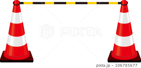 パイロン_黄色と黒のコーンバーで繋がった2つの赤白カラーコーン 106785677