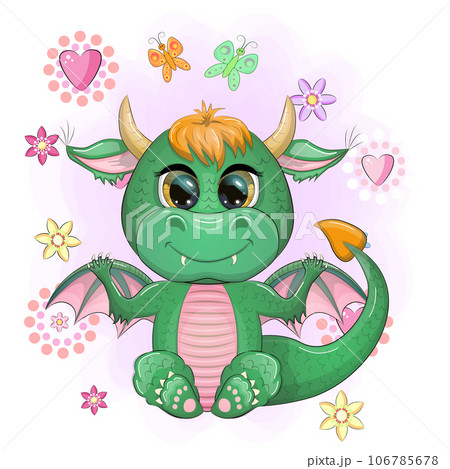 Cute cartoon green baby dragon with horns and wings. Symbol of 2024 according to the Chinese calendar. Funny mythical monster reptile 106785678