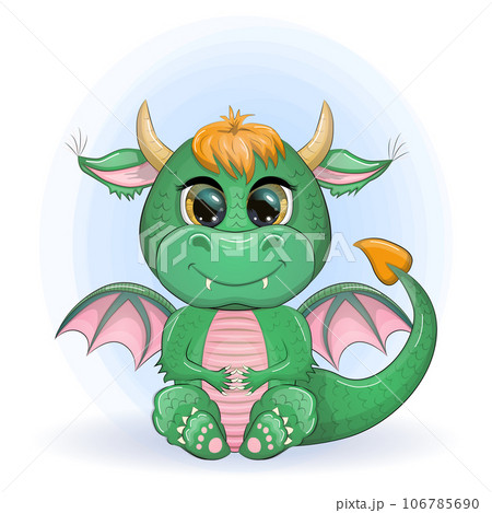 Cute cartoon green baby dragon with horns and wings. Symbol of 2024 according to the Chinese calendar. Funny mythical monster reptile Cute cartoon green baby dragon with horns and wings. Symbol of 2024 according to the Chinese calendar. Funny mythical monster reptile 106785690