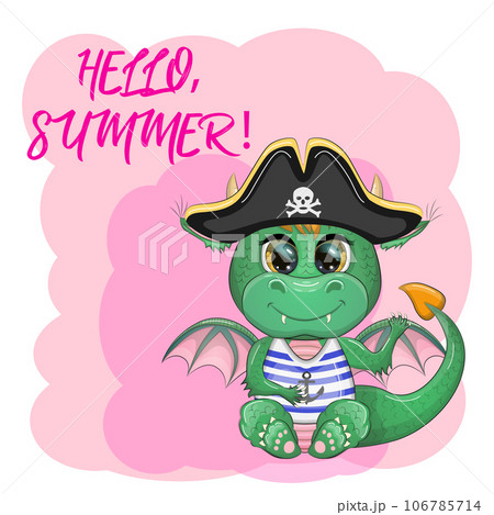 Cute cartoon green dragon pirate in a cocked hat. Symbol of 2024 according to the Chinese calendar 106785714