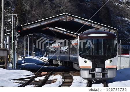 雪の高山線を走るJR東海HC85系特急ひだ 雪の高山線を走るJR東海HC85系特急ひだ 106785726