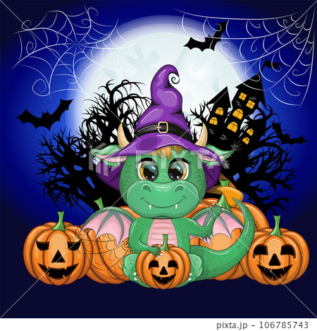 Cute Cartoon Green Dragon In A Purple Magic 106785743 PIXTA   106785743 