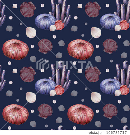 Watercolor seamless pattern with corals, urchin, shells and pearls. Hand painting clipart underwater life objects on a white isolated background. For designers, decoration, postcards, wrapping paper, Watercolor seamless pattern with corals, urchin, shells and pearls. Hand painting clipart underwater life objects on a white isolated background. For designers, decoration, postcards, wrapping paper, 106785757