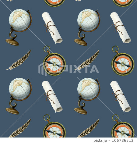 Navy blue globe, compass, paper scroll feather watercolor seamless pattern for adventure, vacation and geography designs 106786512