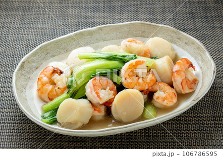 海老と帆立とチンゲン菜の炒め物(あんかけ)。 106786595