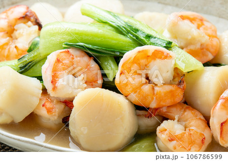 海老と帆立とチンゲン菜の炒め物(あんかけ)。 106786599