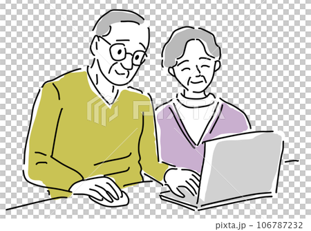 パソコンで検索する老夫婦シンプル線画 106787232