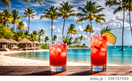 Refreshing Caribbean cocktail, expertly chilled, resides within a glass 106787480