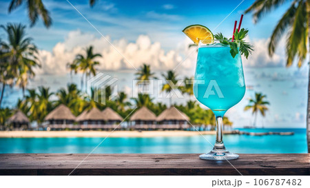 Refreshing Caribbean cocktail, expertly chilled, resides within a glass 106787482