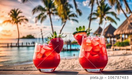 Refreshing Caribbean cocktail, expertly chilled, resides within a glass 106787483