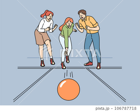Cheerful friends play bowling together and support girlfriend thrower ball, wants to knock down pins 106787718