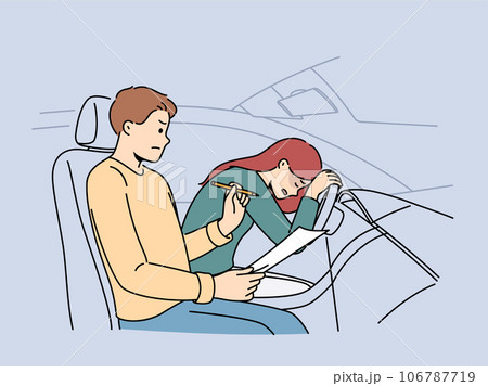 Woman failed driver license test cries, sitting in car near instructor making mark on clipboard. 106787719