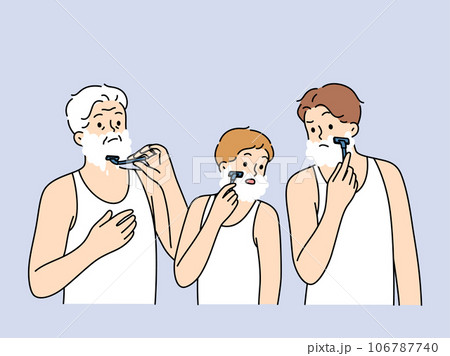 Men different generations shave together, demonstrating continuity of father and son with grandson 106787740