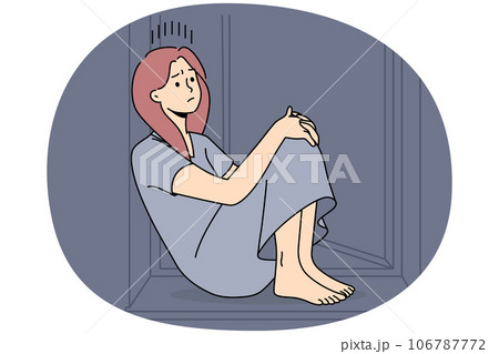 Unhappy woman sit on windowsill suffer from solitude Unhappy woman sit on windowsill suffer from solitude 106787772