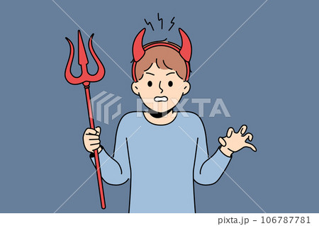 Little bully boy with devil horns makes evil grimace and terrorizes teachers at school 106787781