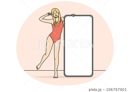 Smiling girl posing near cellphone 106787801