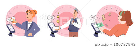 Cashless payment. Vector illustration. Mobile cashless options make it easy to pay on go using your smartphone Online and mobile payments offer convenience and flexibility for making transactions Cashless payment. Vector illustration. Mobile cashless options make it easy to pay on go using your smartphone Online and mobile payments offer convenience and flexibility for making transactions 106787945