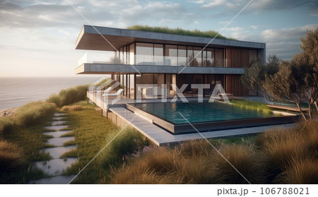 Design house - modern villa with open plan living and private bedroom wing. Large terrace with privacy and, swimming pool. Generative AI. 106788021