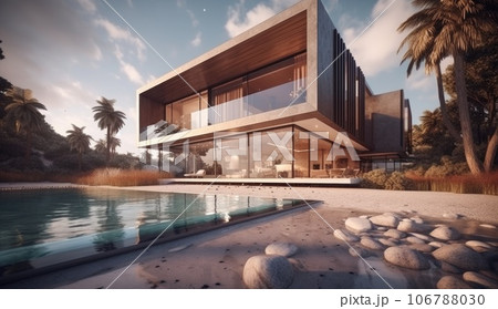 Design house - modern villa with open plan living and private bedroom wing. Large terrace with privacy and, swimming pool. Generative AI. 106788030