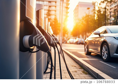 A bank of electric car chargers. Charging station for electric vehicles in a mall parking lot. 106788033