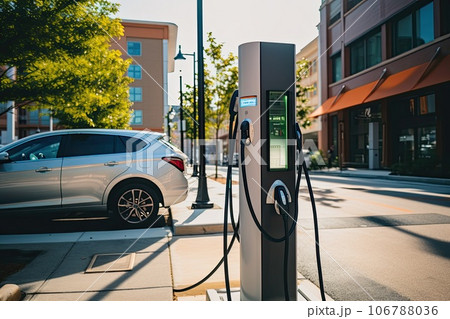 A bank of electric car chargers. Charging station for electric vehicles in a mall parking lot. 106788036