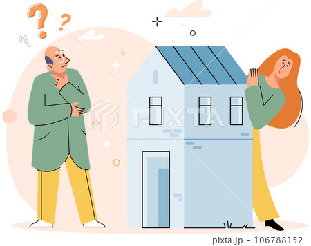 Woman and man buy an apartment with mortgage. Family buying house at real estate agency. Couple chooses new home. House loan, rent and real estate investment concept. Buyer doubts when buying 106788152