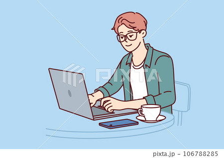 Man freelancer works with laptop sitting in cafe and drinking coffee, enjoying remote work 106788285