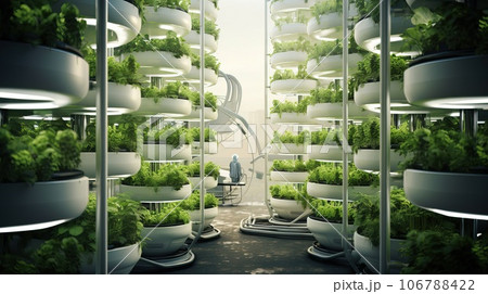 Innovative vertical farm with LED grow lights, showcasing sustainable agriculture and urban farming revolution. 106788422
