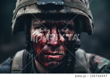 Wounded soldier with mud and blood on his face. He is devastated and exhausted, but devoted to his homeland, duty and cause. Wounded soldier with mud and blood on his face. He is devastated and exhausted, but devoted to his homeland, duty and cause. 106788447